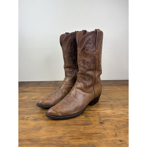 Vtg Lucchese 1883 Tan Burnished Ranch Hand Cowhide Cowboy Boots Mens 10 E Wide main image 6